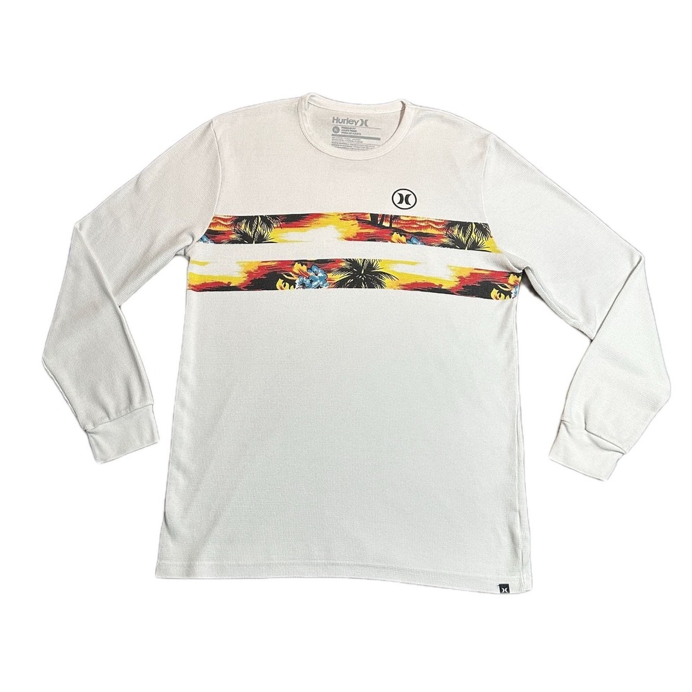 Hurley Men's Long Sleeve Thermal Crewneck Shirt with Sunset Palm Beach Graphic